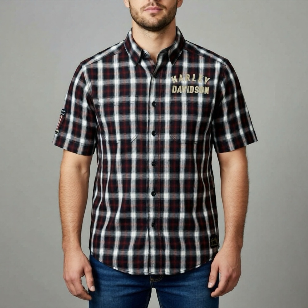 Harley Davidson Motorcycles Plaid Flannel Casual Short Sleeve Button Shirt Sz S
